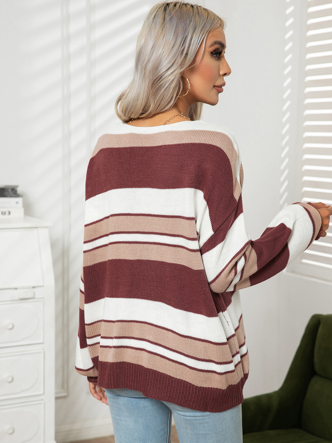 Striped V-Neck Long Sleeve Knit Top - The Goddess Galleries