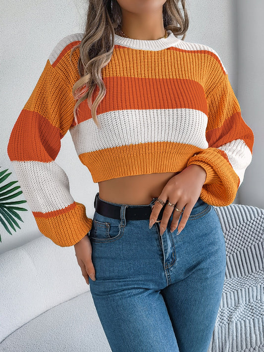 Color Block Round Neck Cropped Sweater - The Goddess Galleries