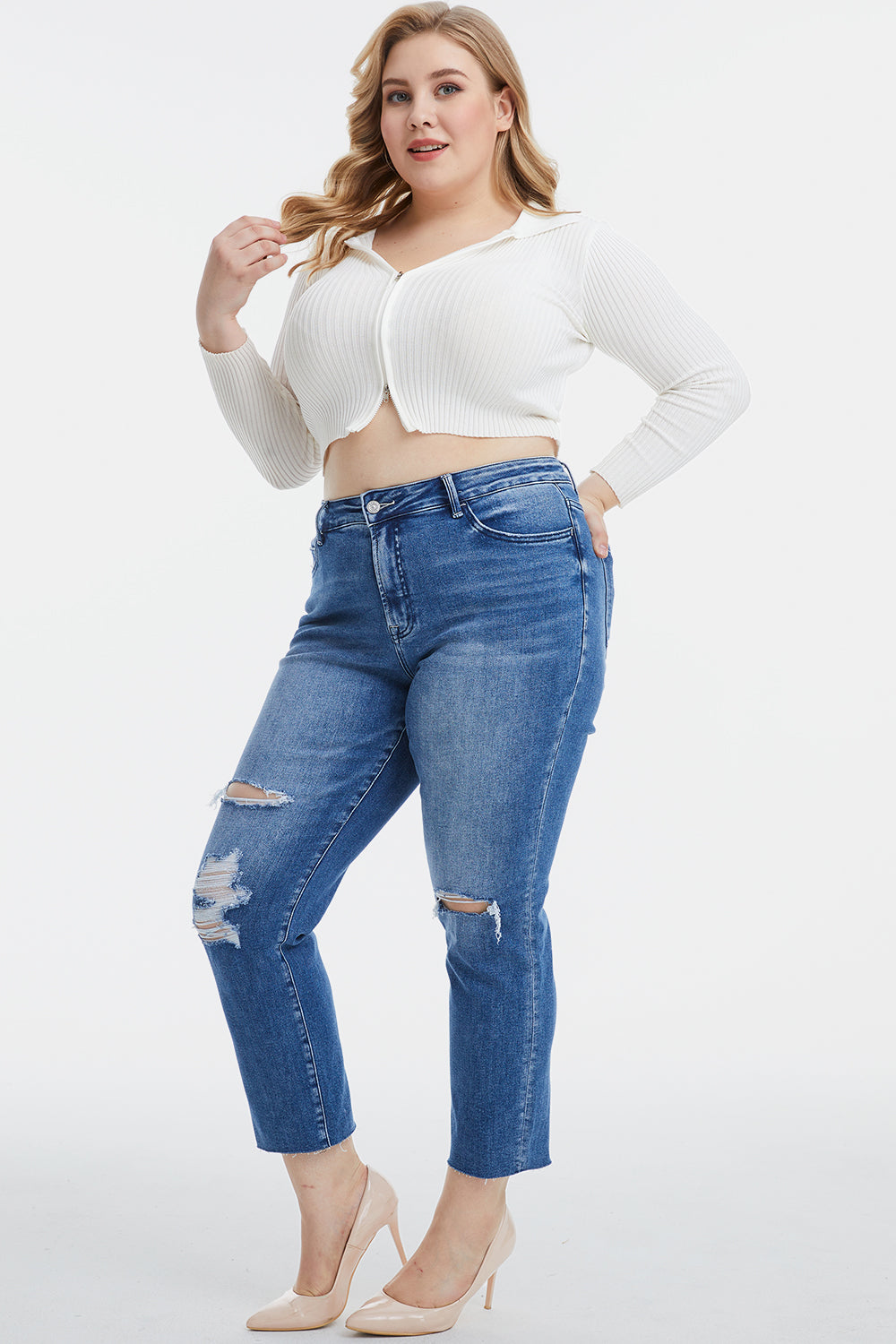 BAYEAS Full Size High Waist Distressed Cat's Whiskers Straight Jeans - The Goddess Galleries