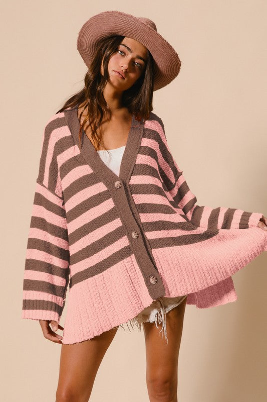 BiBi Slit Striped V-Neck Button Up Cardigan - The Goddess Galleries
