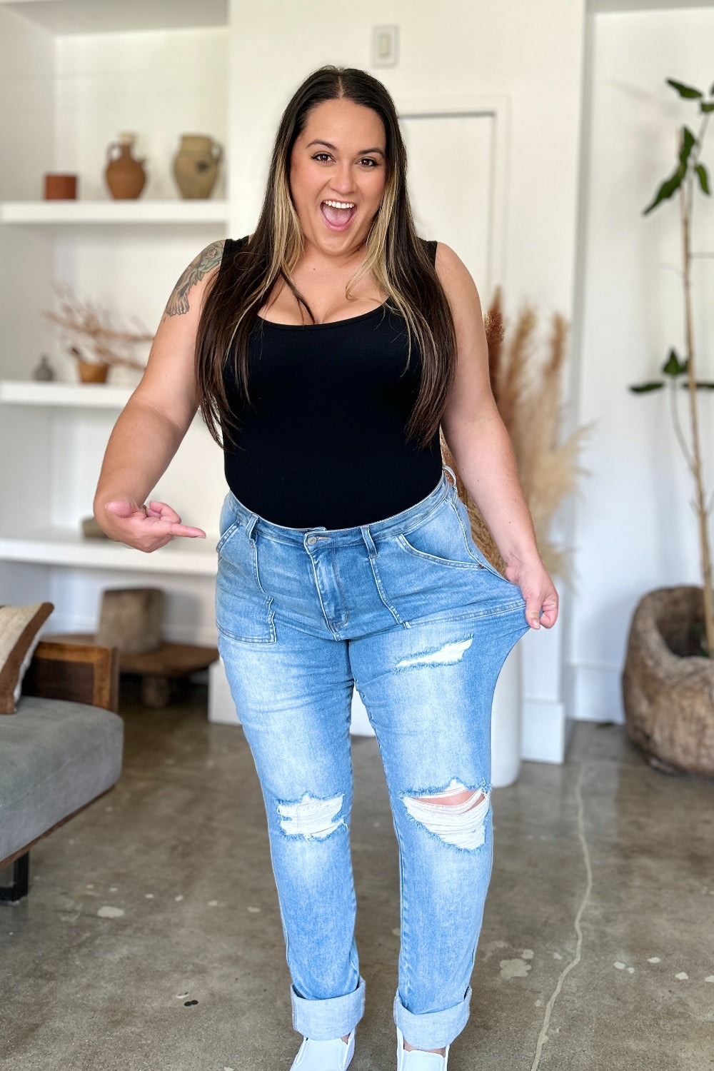 Judy Blue Full Size Distressed Straight Jeans with Patch Pockets - The Goddess Galleries