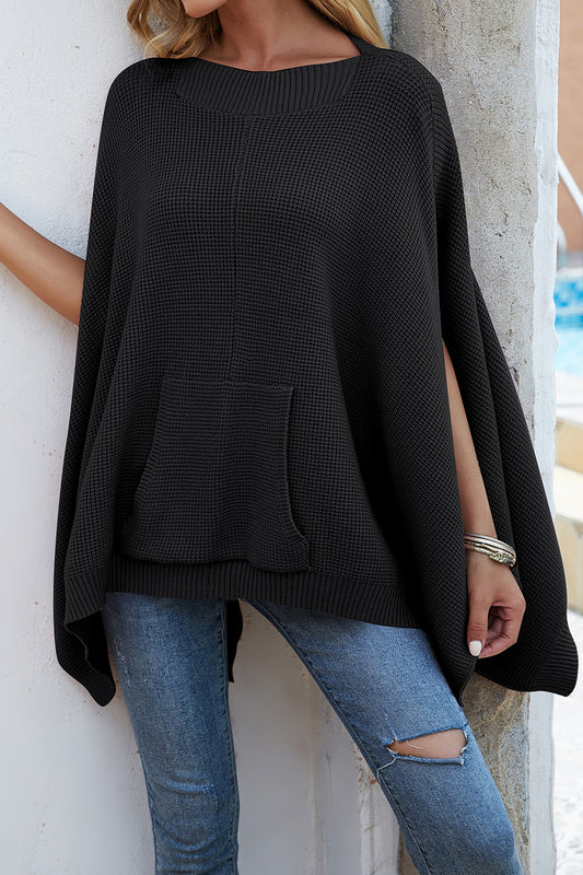 Waffle-Knit Pocketed Cape Sleeve Sweater - The Goddess Galleries