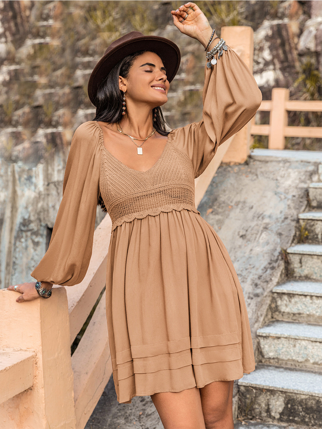 Crochet V-Neck Balloon Sleeve Dress - The Goddess Galleries