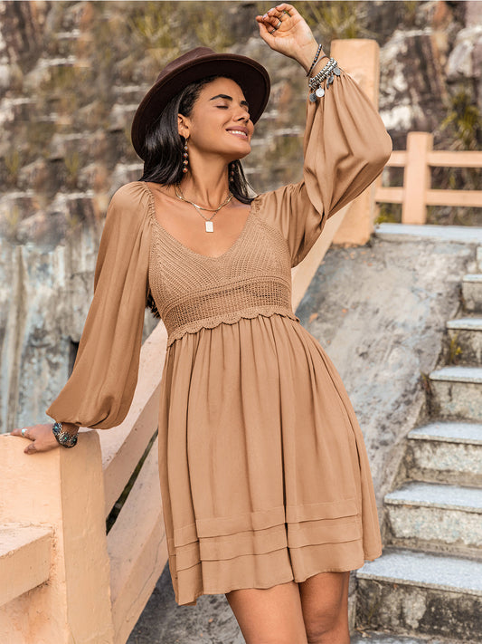 Crochet V-Neck Balloon Sleeve Dress - The Goddess Galleries