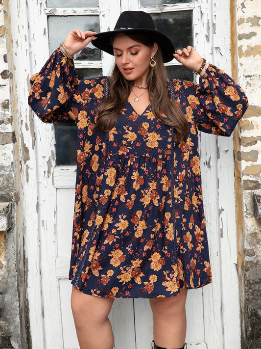 Plus Size Floral V-Neck Balloon Sleeve Dress - The Goddess Galleries