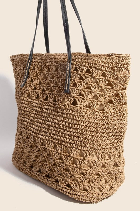 Fame Faux Leather Handle Knitted Tote Bag - The Goddess Galleries