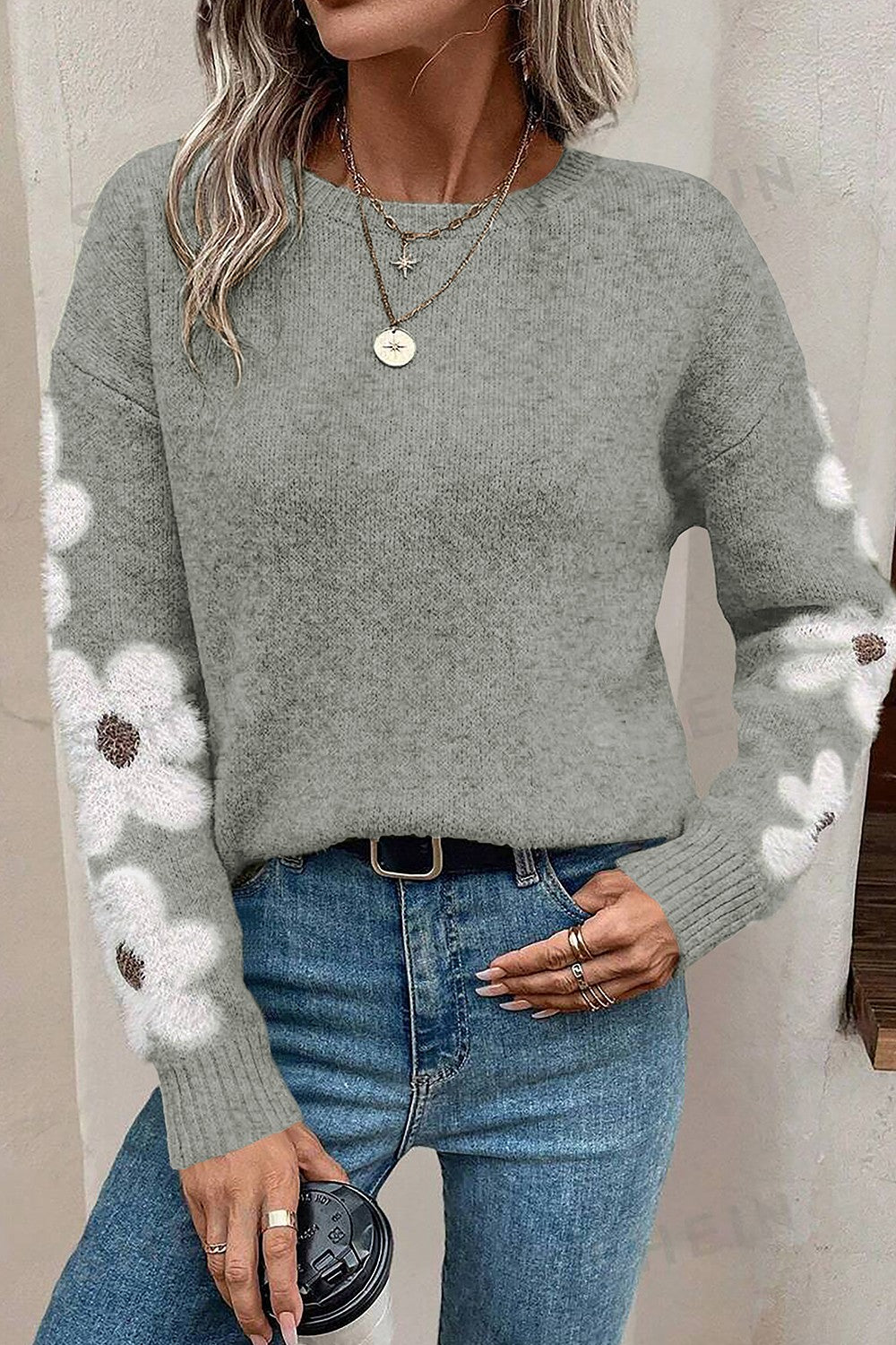 Flower Round Neck Long Sleeve Sweater - The Goddess Galleries