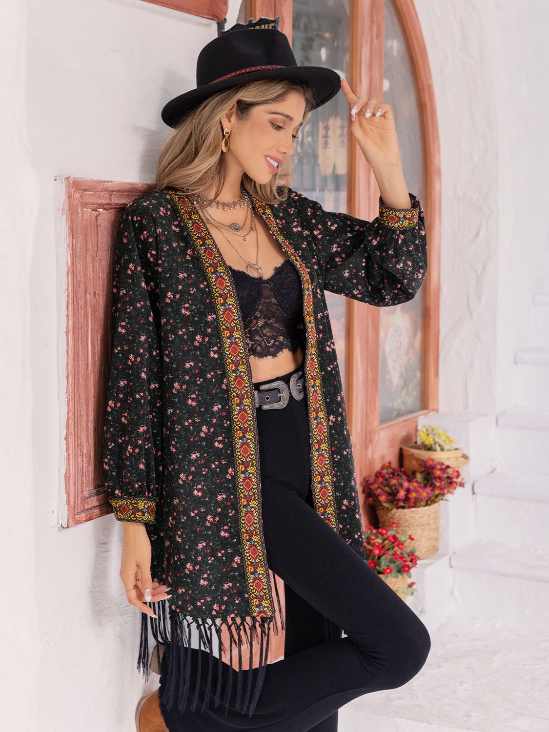 Printed Fringe Detail Cardigan - The Goddess Galleries