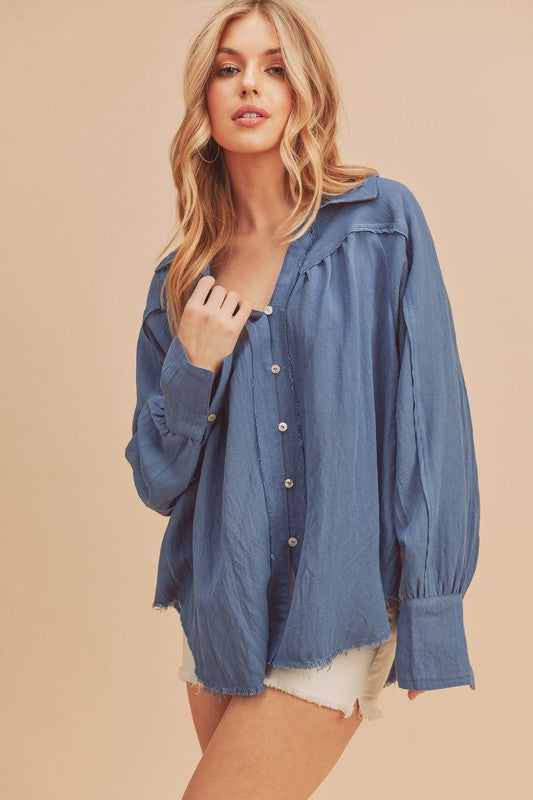 Aemi + Co Raw Hem Button Down Raglan Sleeve Shirt - The Goddess Galleries