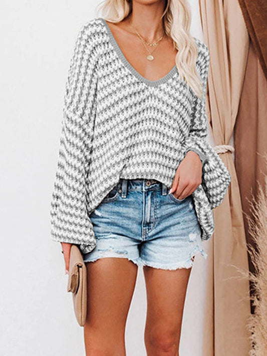 Striped Drop Shoulder V-Neck Sweater - The Goddess Galleries