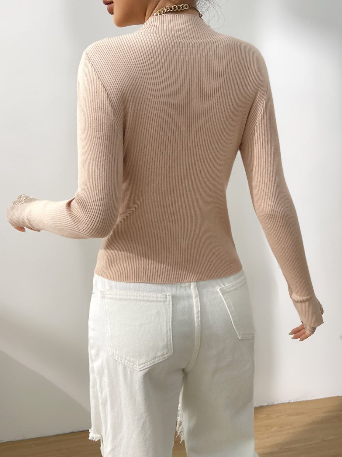 Lace Detail Mock Neck Long Sleeve Sweater - The Goddess Galleries