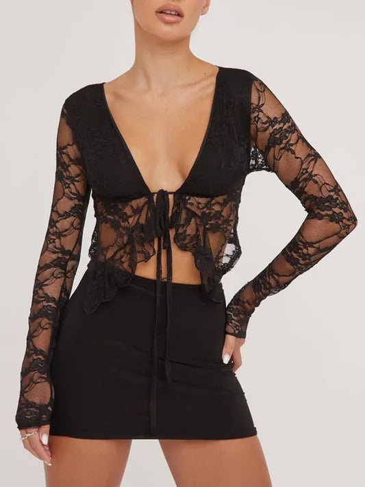 Tied Plunge Long Sleeve Lace Cropped Shirt - The Goddess Galleries