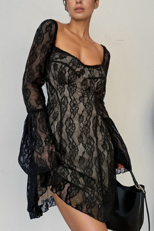 Lace Sweetheart Neck Flare Sleeve Mini Dress - The Goddess Galleries