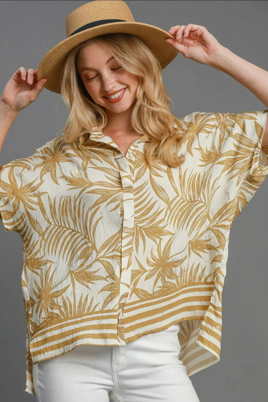 Umgee Full Size Tropical Print Button Down Shirt Plus Size - The Goddess Galleries