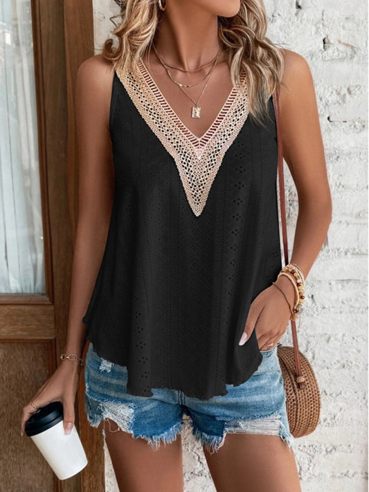Eyelet V-Neck Wide Strap Tank - The Goddess Galleries