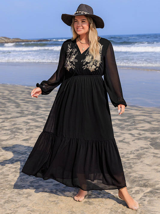 Plus Size Embroidered Tie Neck Long Sleeve Dress - The Goddess Galleries
