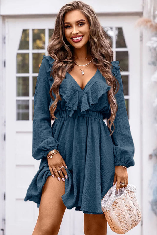 Ruffle Trim V-Neck Long Sleeve Mini Dress - The Goddess Galleries