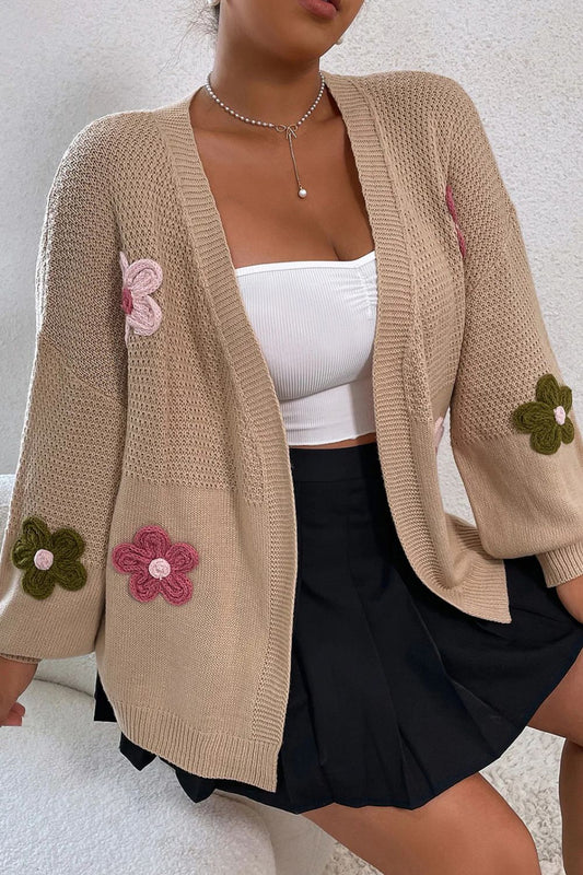 Floral Applique Drop Shoulder Open Front Cardigan - The Goddess Galleries