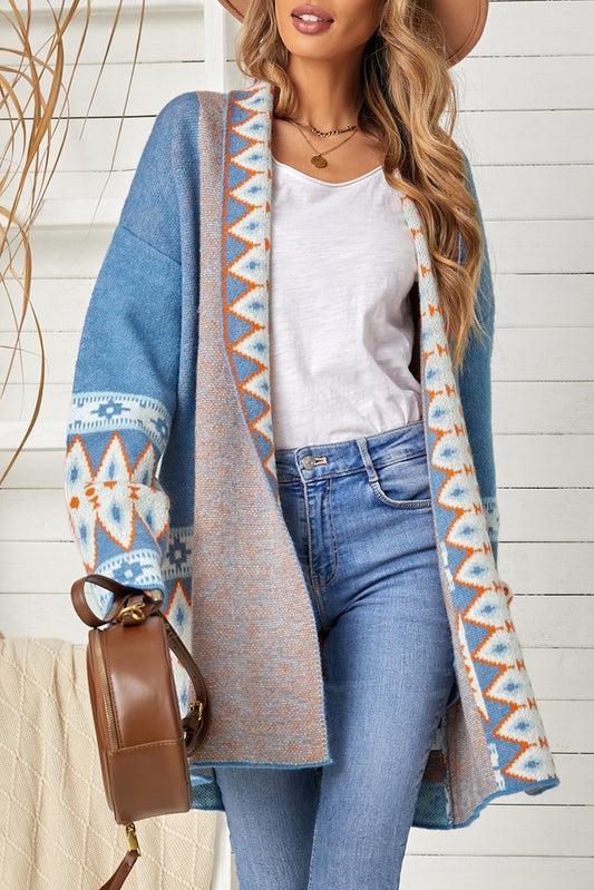 Geometric Open Front Long Sleeve Cardigan - The Goddess Galleries