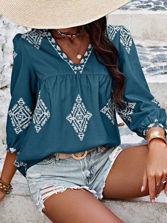 Printed V-Neck Three-Quarter Sleeve Blouse - The Goddess Galleries