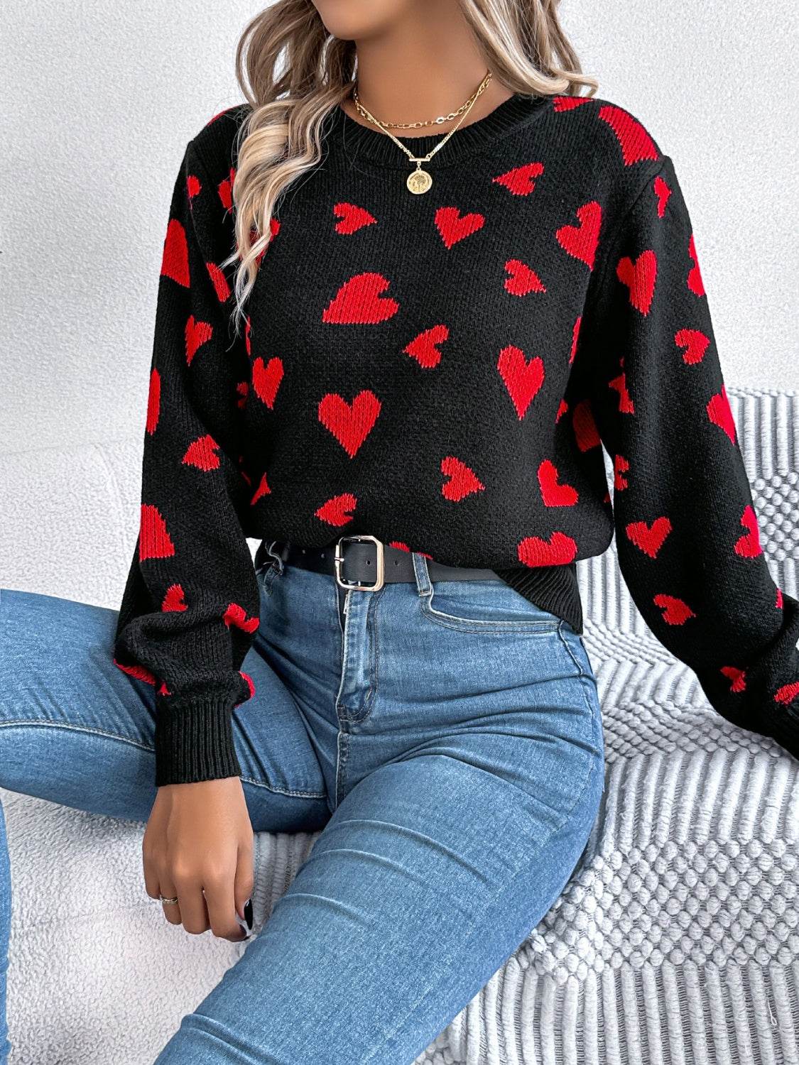 Heart Round Neck Long Sleeve Sweater - The Goddess Galleries