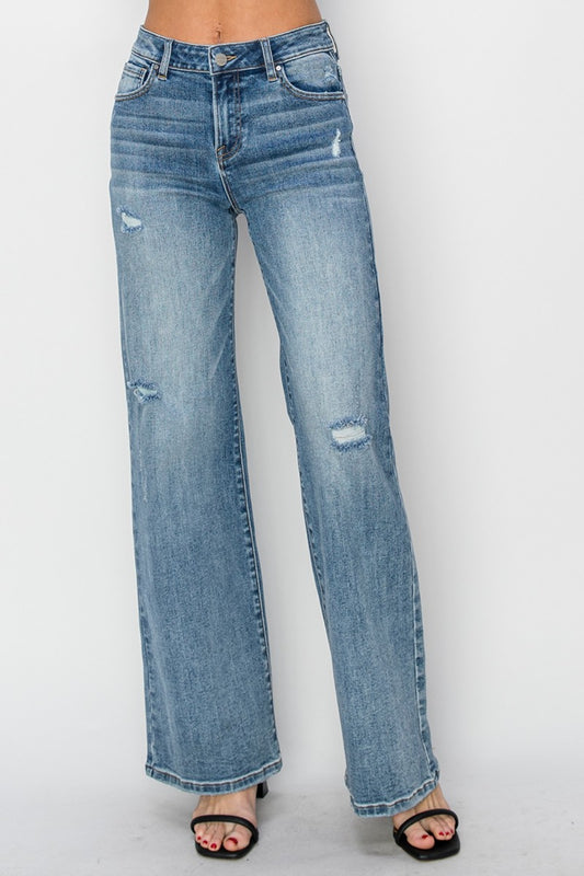 RISEN Full Size High Waist Distressed Wide Leg Jeans - The Goddess Galleries
