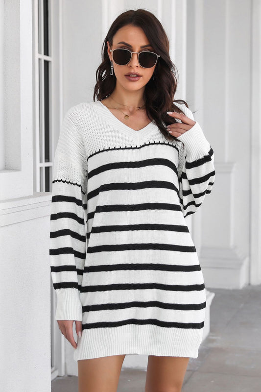 Striped V-Neck Drop Shulder Sweater Dress - The Goddess Galleries