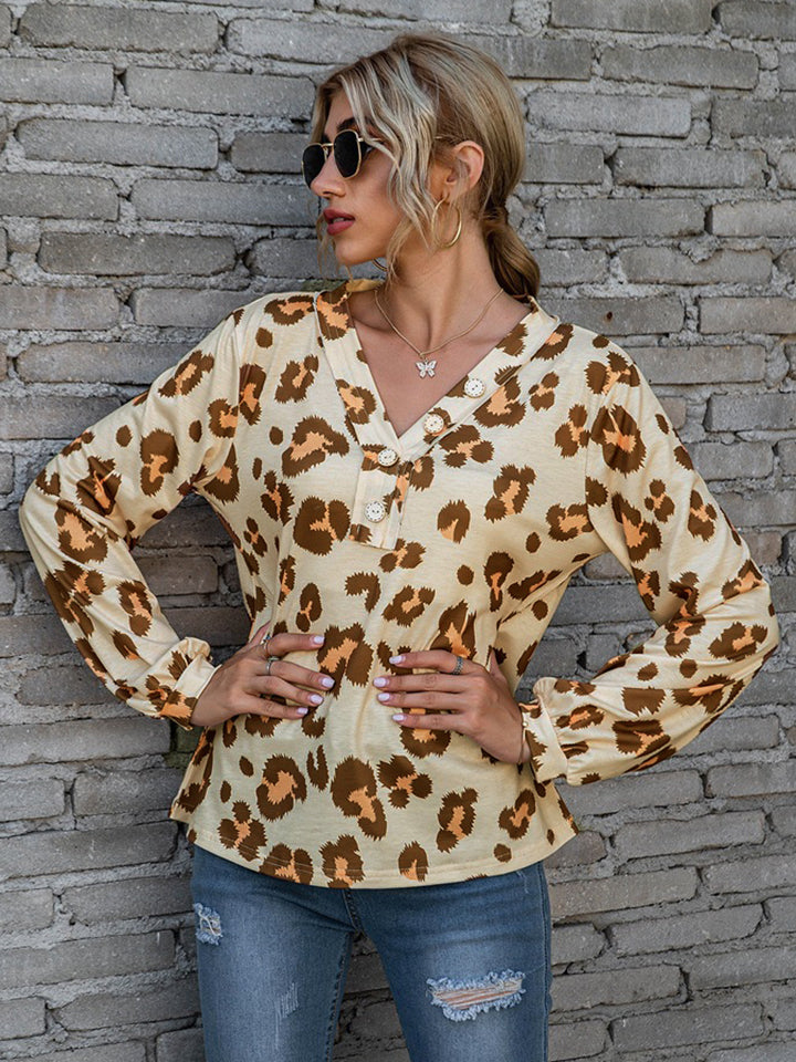 Leopard V-Neck Decorative Button Long Sleeve Blouse - The Goddess Galleries
