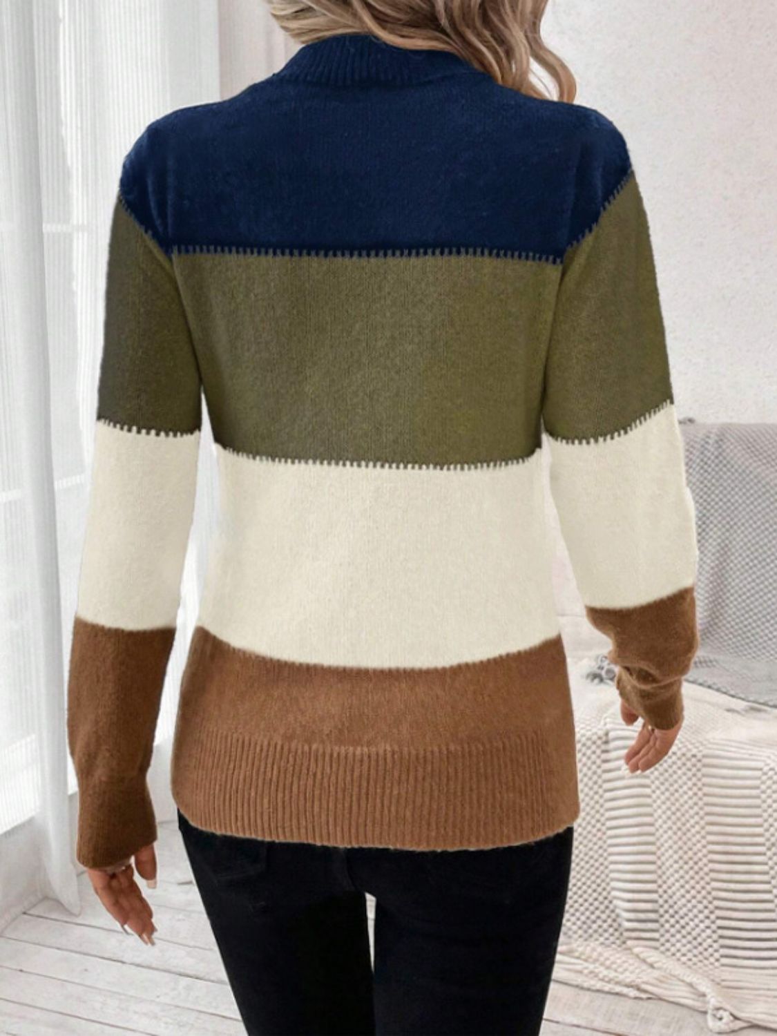 Color Block Mock Neck Long Sleeve Sweater - The Goddess Galleries