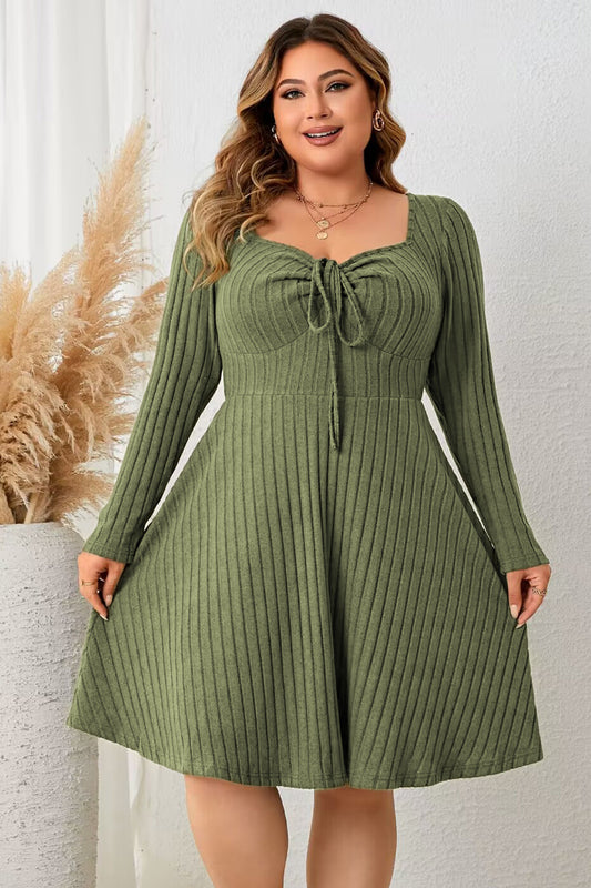 Honey Plus Size Sweetheart Neck Long Sleeve Ribbed Dress - The Goddess Galleries