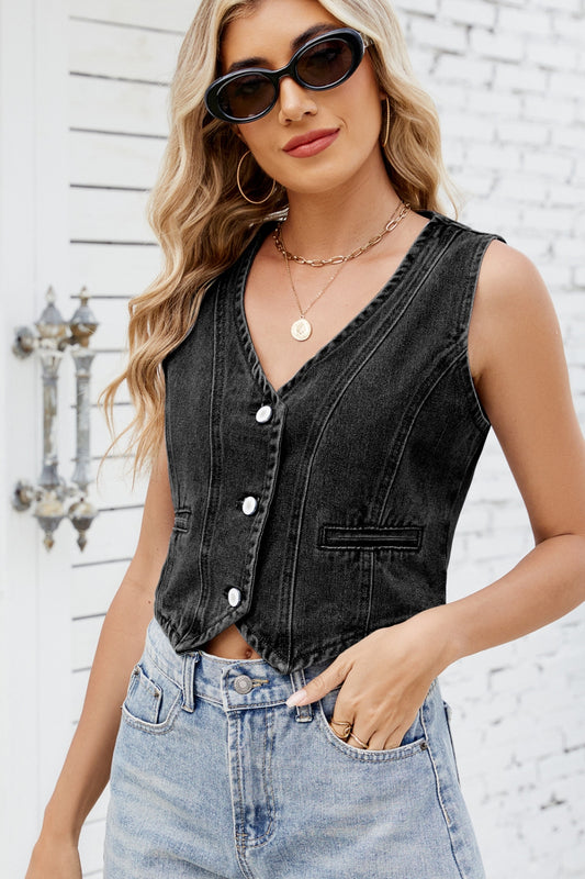 Button Down V-Neck Denim Vest - The Goddess Galleries