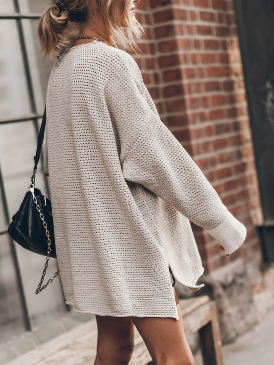Openwork Round Neck Long Sleeve Slit Sweater - The Goddess Galleries