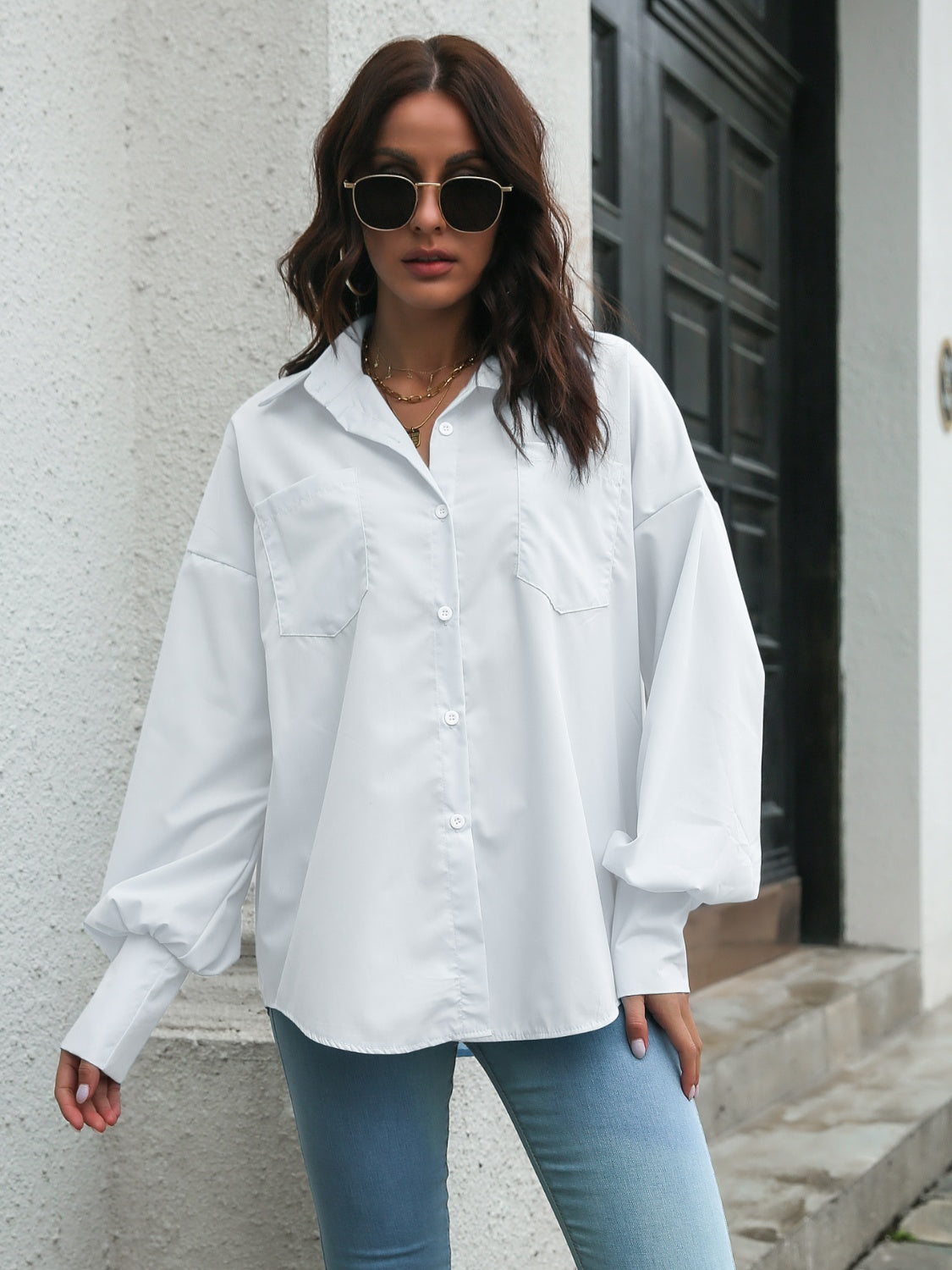 Collared Neck Dropped Shoulder Buttoned Shirt - The Goddess Galleries