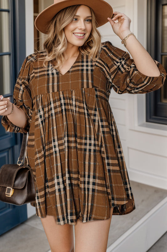 Plus Size Plaid V-Neck Balloon Sleeve Mini Dress - The Goddess Galleries