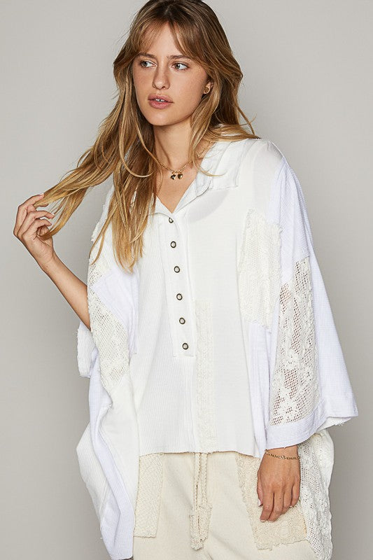 POL Crochet Patchwork Frayed Edge Half Button Knit Top - The Goddess Galleries