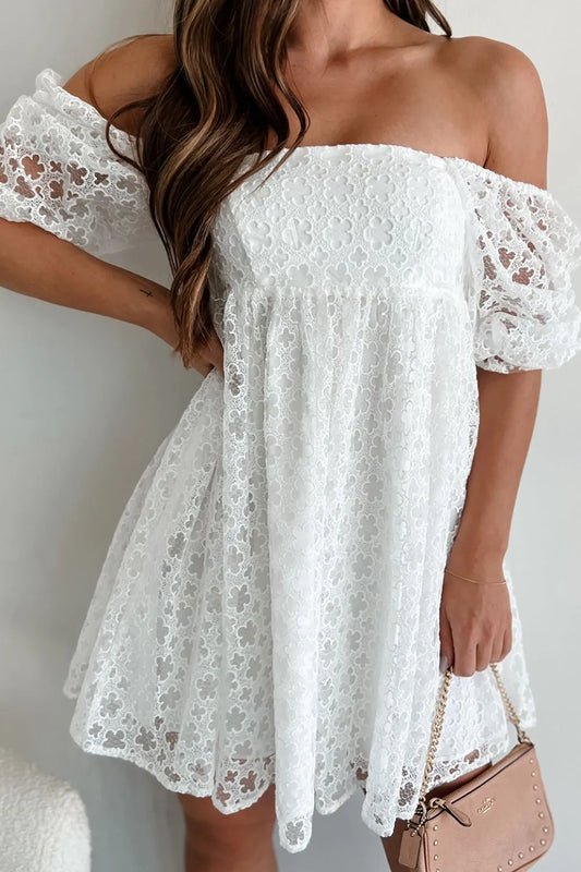 Lace Puff Sleeve Empire Waist Mini Dress - The Goddess Galleries