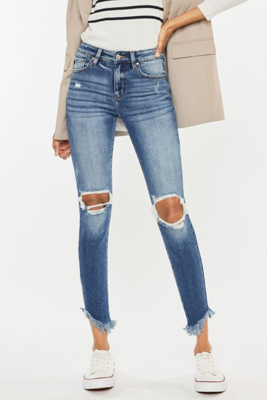 Kancan High Waist Distressed Raw Hem Ankle Skinny Jeans - The Goddess Galleries