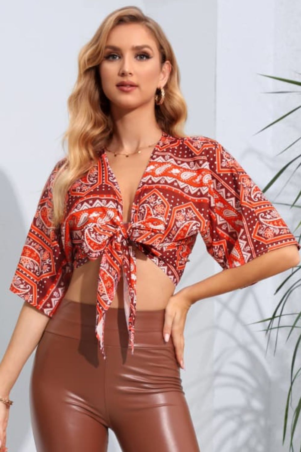 Printed Tie Front Cropped Dolman Sleeve Blouse - The Goddess Galleries