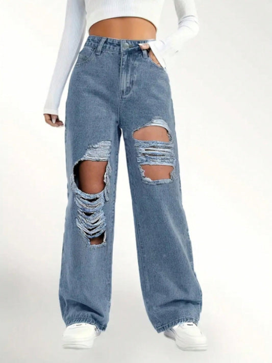 Distressed Wide Leg Jeans - The Goddess Galleries
