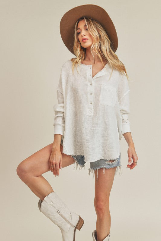 Aemi + Co Exposed Seam Raw Hem Half Button Top - The Goddess Galleries