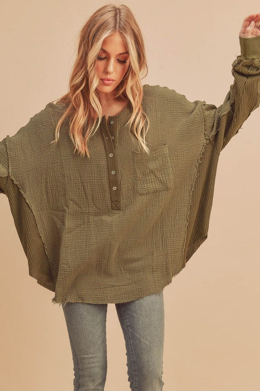 Aemi + Co Exposed Seam Raw Hem Half Button Top - The Goddess Galleries