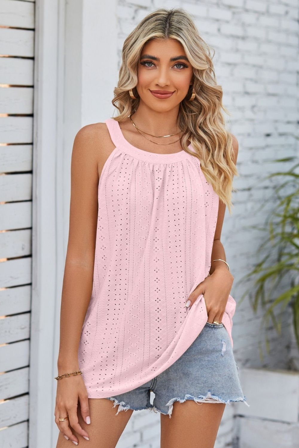 Openwork Round Neck Wide Strap Tank - The Goddess Galleries