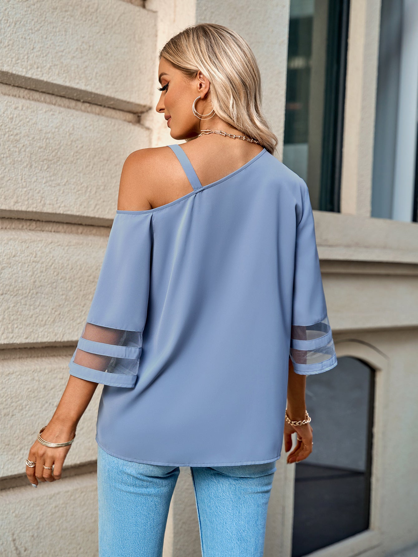Asymmetrical Neck Sheer Striped Flare Sleeve Blouse - The Goddess Galleries