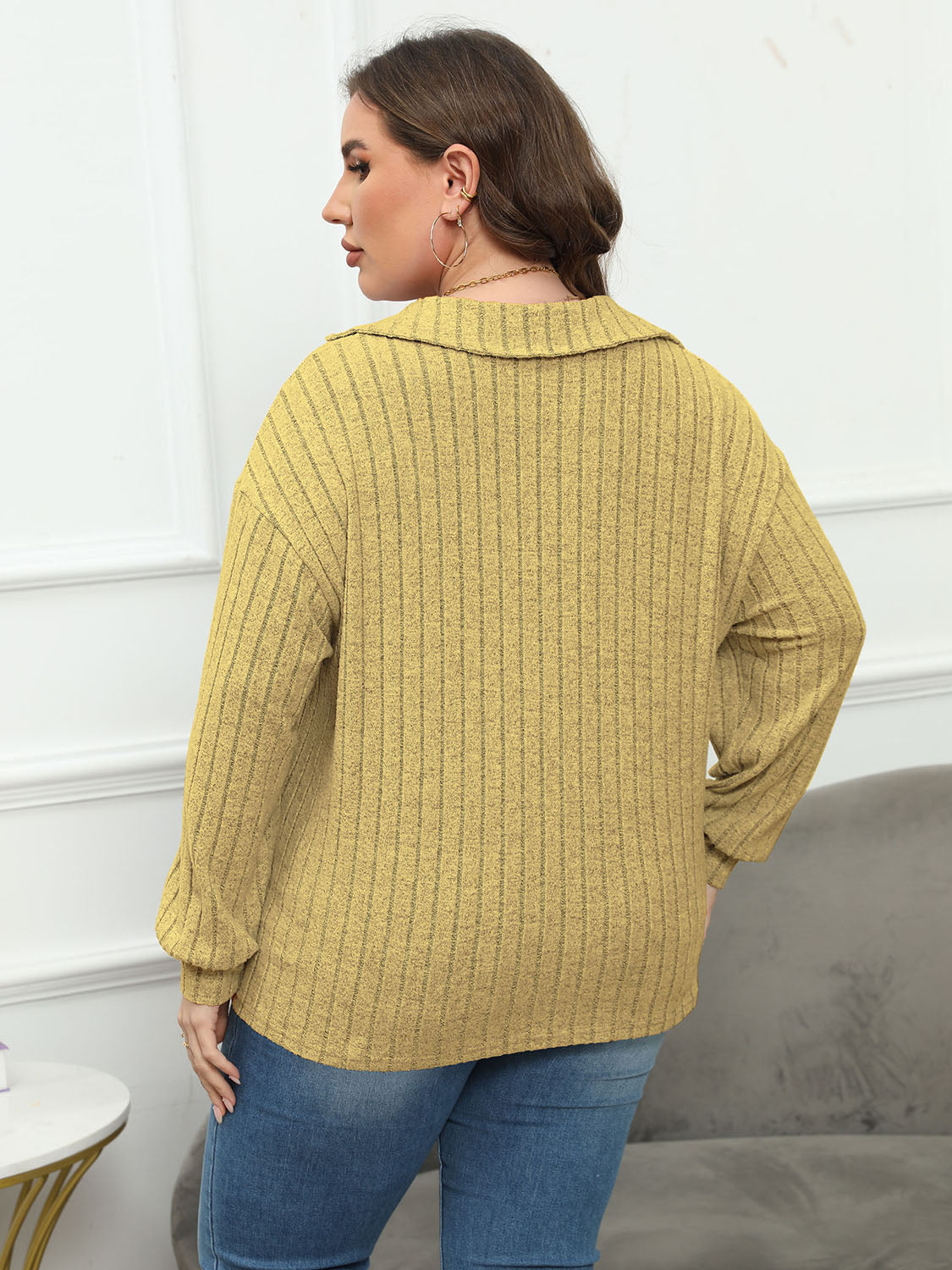 Plus Size Ribbed Collared Neck Long Sleeve Blouse - The Goddess Galleries