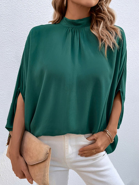 Perfee Tie Back Mock Neck Blouse - The Goddess Galleries