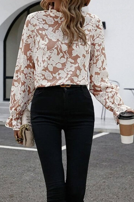 Floral Print Mock Neck Flounce Sleeve Blouse - The Goddess Galleries
