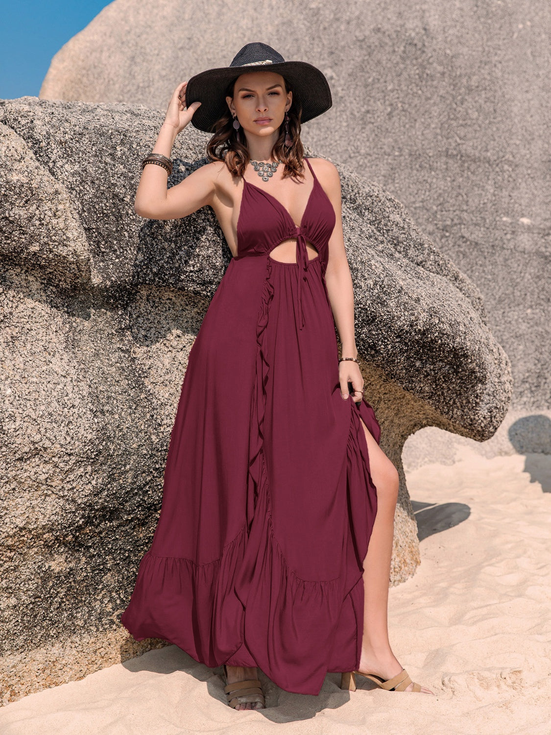 Crisscross Back Drawstring Ruffle Trim Maxi Dress - The Goddess Galleries