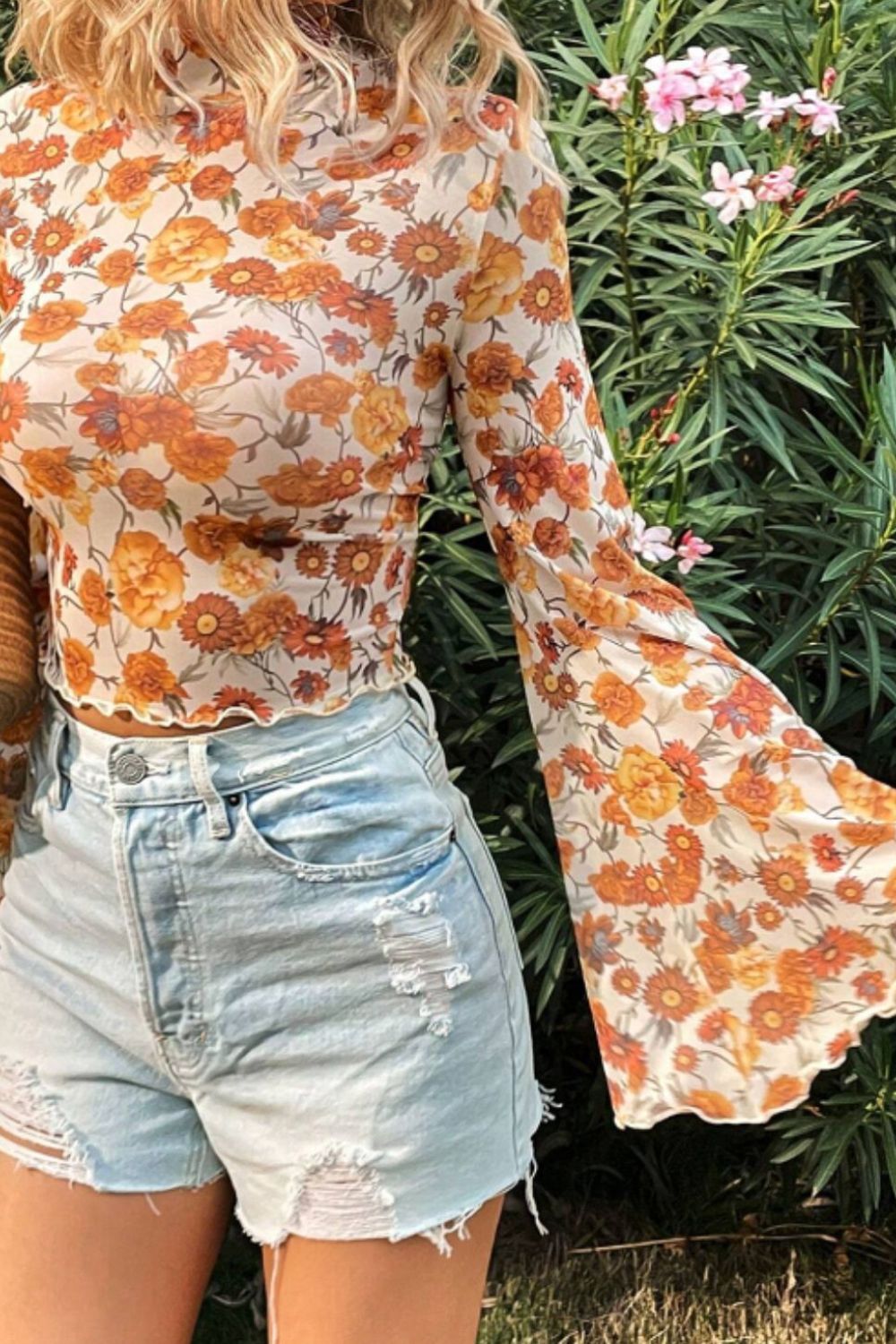 Printed Mock Neck Flare Sleeve Top - The Goddess Galleries
