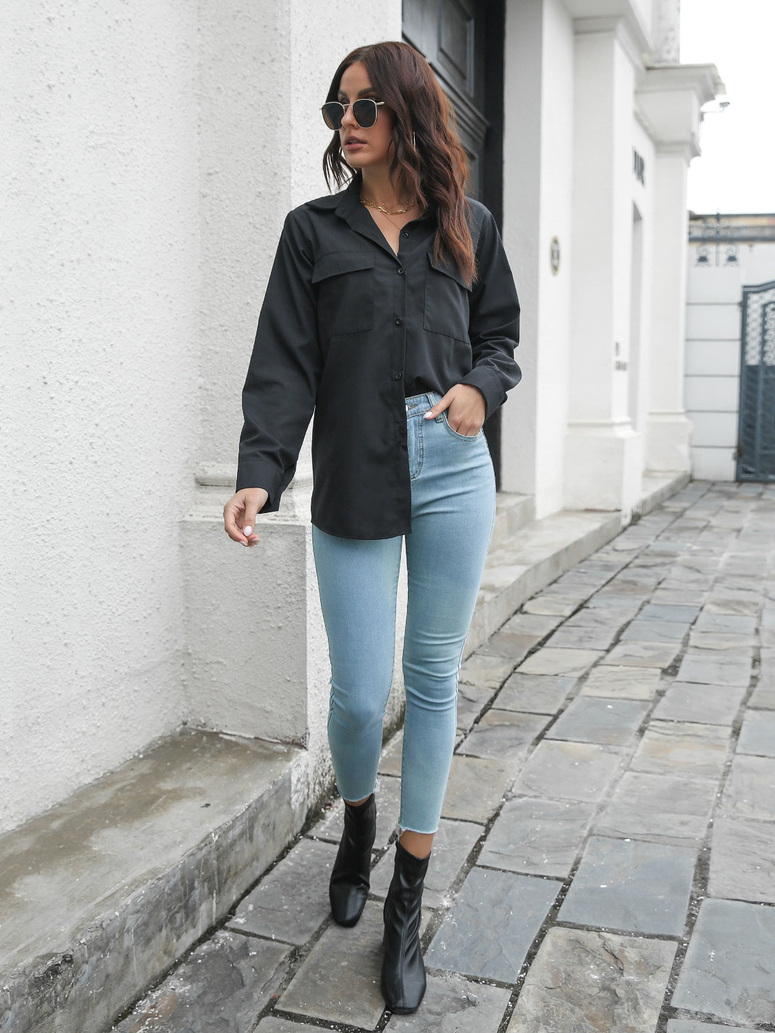 Collared Neck Buttoned Shirt with Pockets - The Goddess Galleries