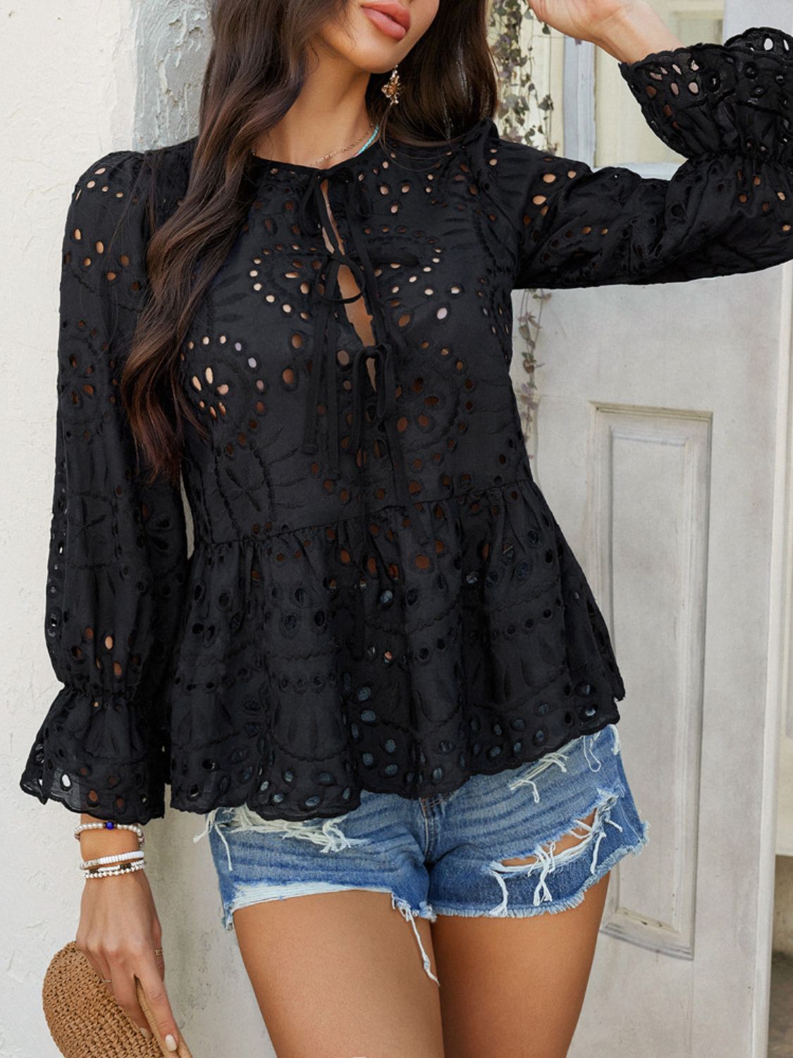 Devine Tie Front Flounce Sleeve Peplum Blouse - The Goddess Galleries
